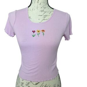 Wild Fable Women's Size XS Purple Ribbed Floral Embroidered Baby Tee